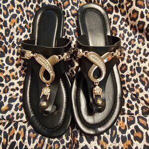 Black with Gold Metal Accents Flip Flops Size 6 (37) NEW